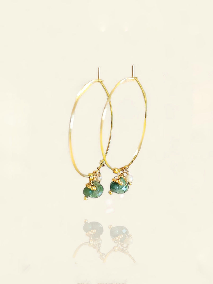 Boucles grandes créoles Aventurine Perle plaqué or 