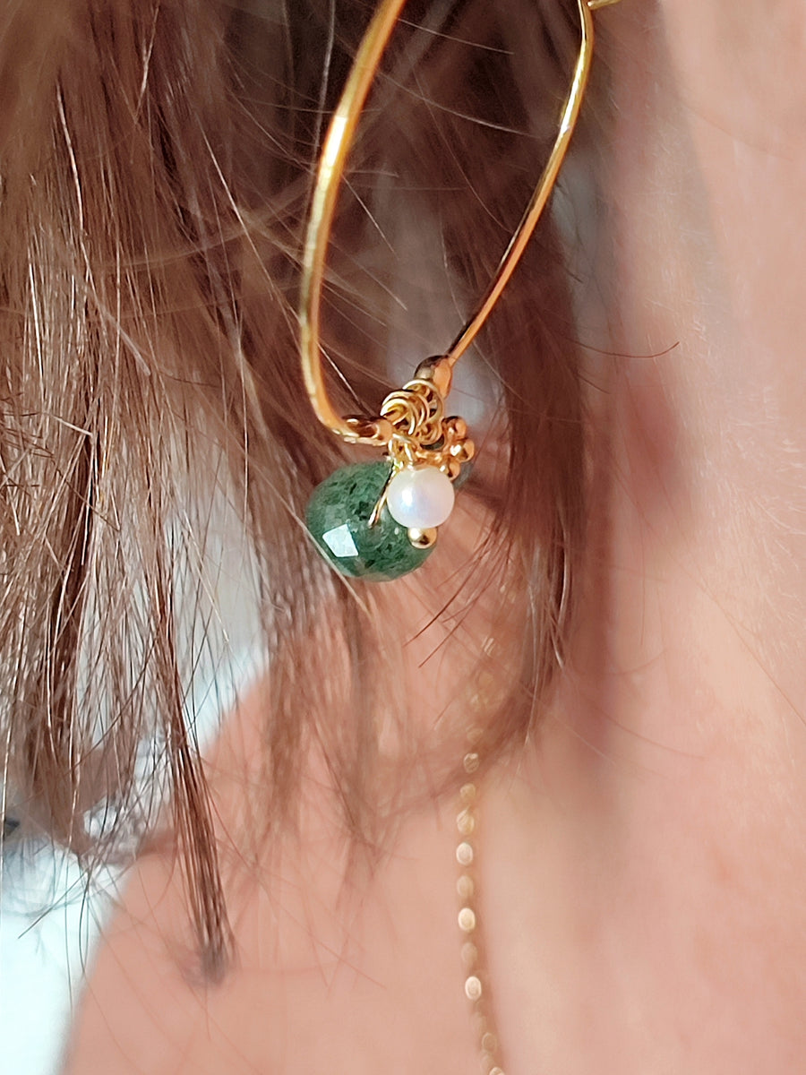 Boucles grandes créoles Aventurine Perles plaqué or 