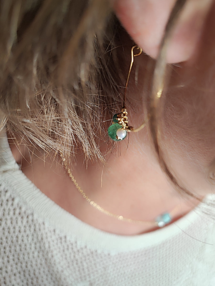 Boucles grandes créoles Aventurine et Perle plaqué or 