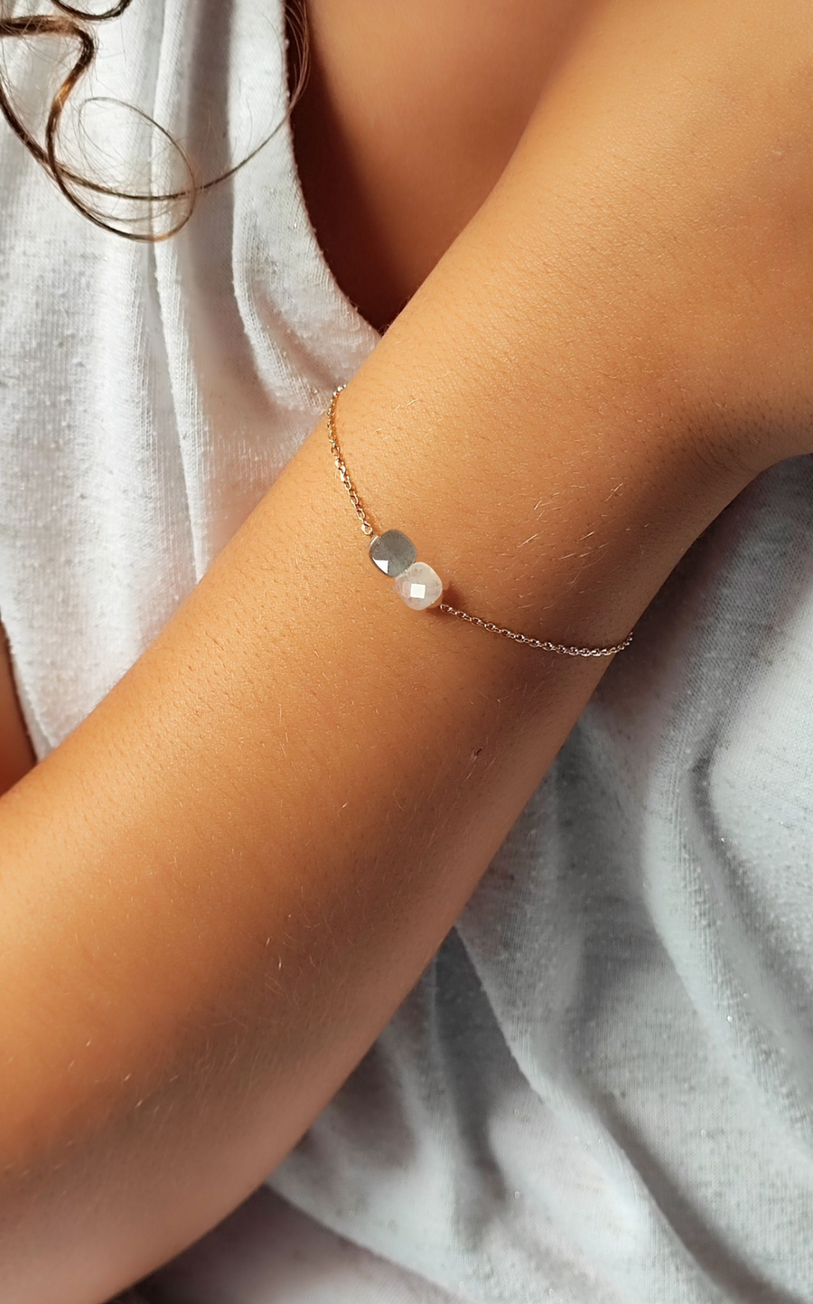 Bracelet chaine labradorite pierre de lune plaqué or ô plum