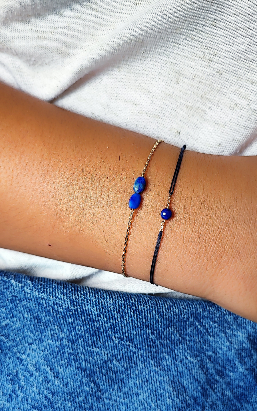 Bracelet cordon mini lapis et bracelet chaîne deux lapis-lazuli poignet plaqué or